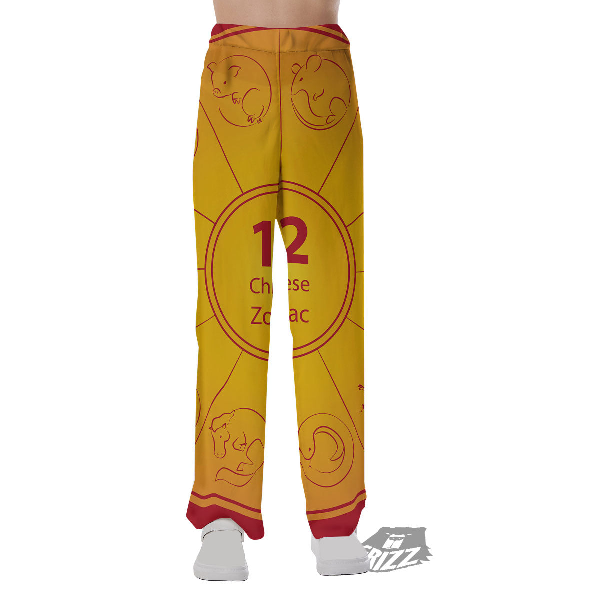 Chinese Zodiac Yellow And Red Print Pajama Pants-grizzshop