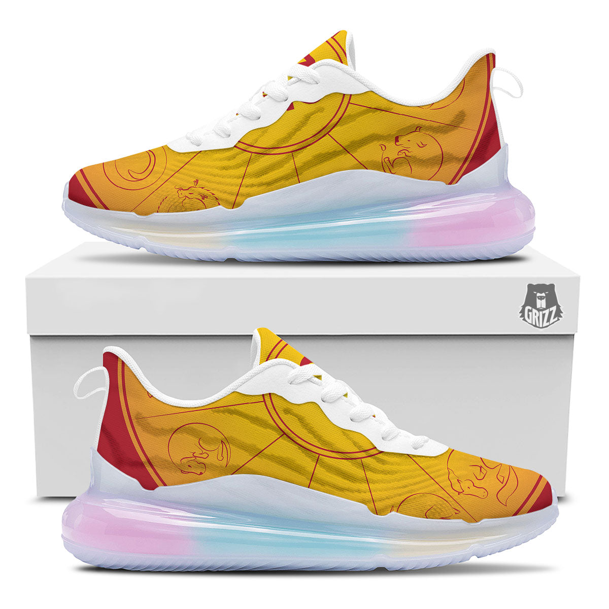 Chinese Zodiac Yellow And Red Print Running Sneakers-grizzshop