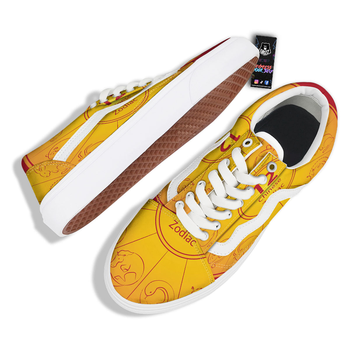 Chinese Zodiac Yellow And Red Print Skate Shoes-grizzshop