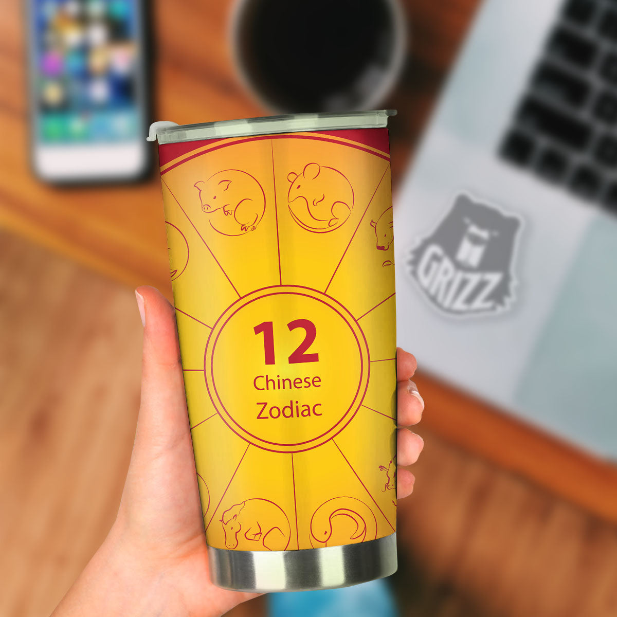 Chinese Zodiac Yellow And Red Print Tumbler-grizzshop