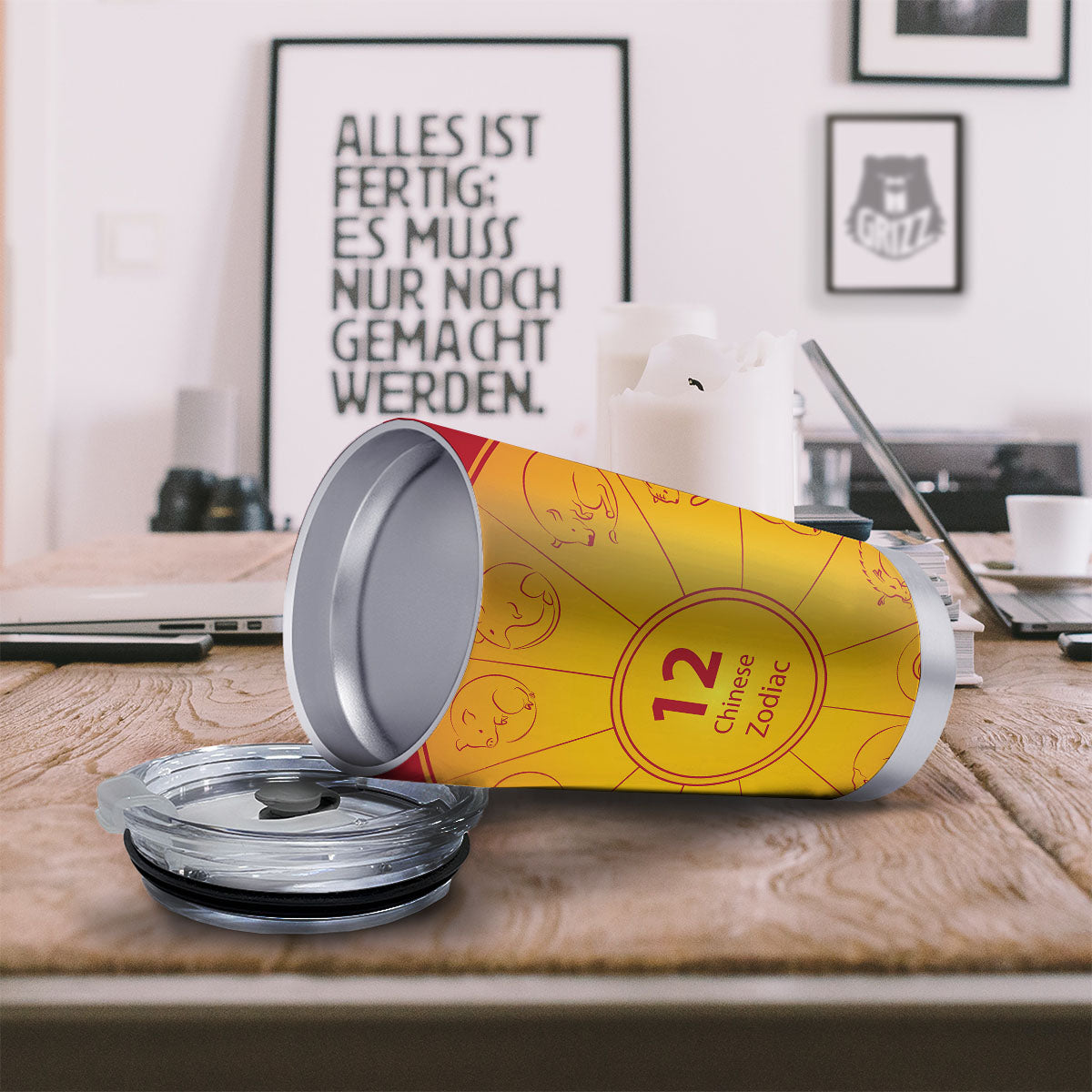 Chinese Zodiac Yellow And Red Print Tumbler-grizzshop