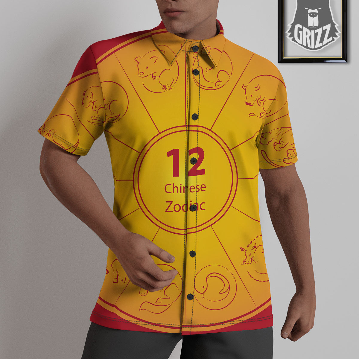 Chinese Zodiac Yellow And Red Print Untucked Shirts-grizzshop