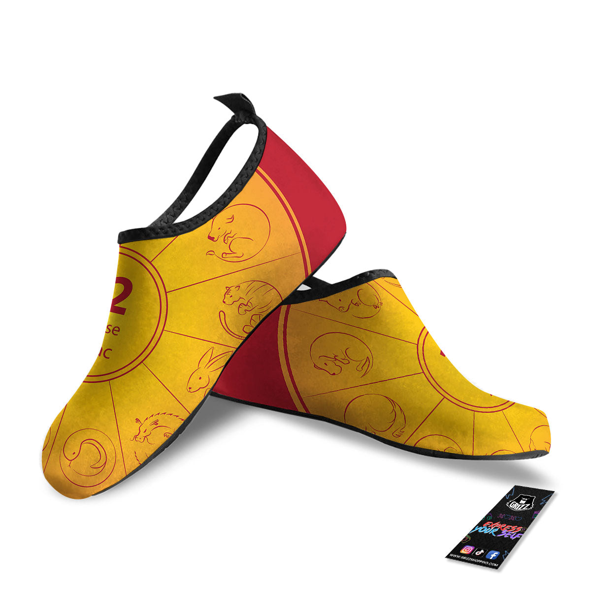 Chinese Zodiac Yellow And Red Print Water Shoes-grizzshop