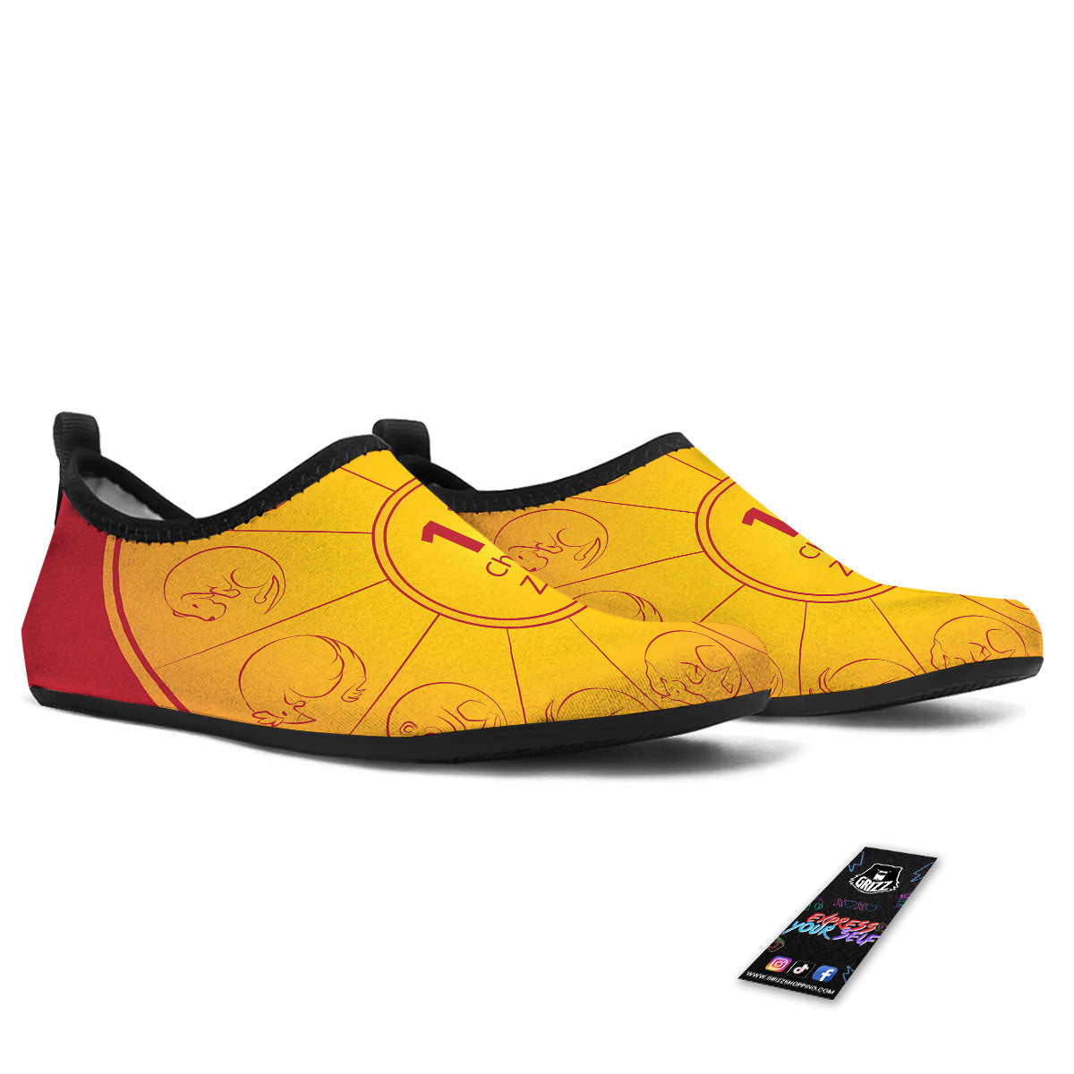Chinese Zodiac Yellow And Red Print Water Shoes-grizzshop