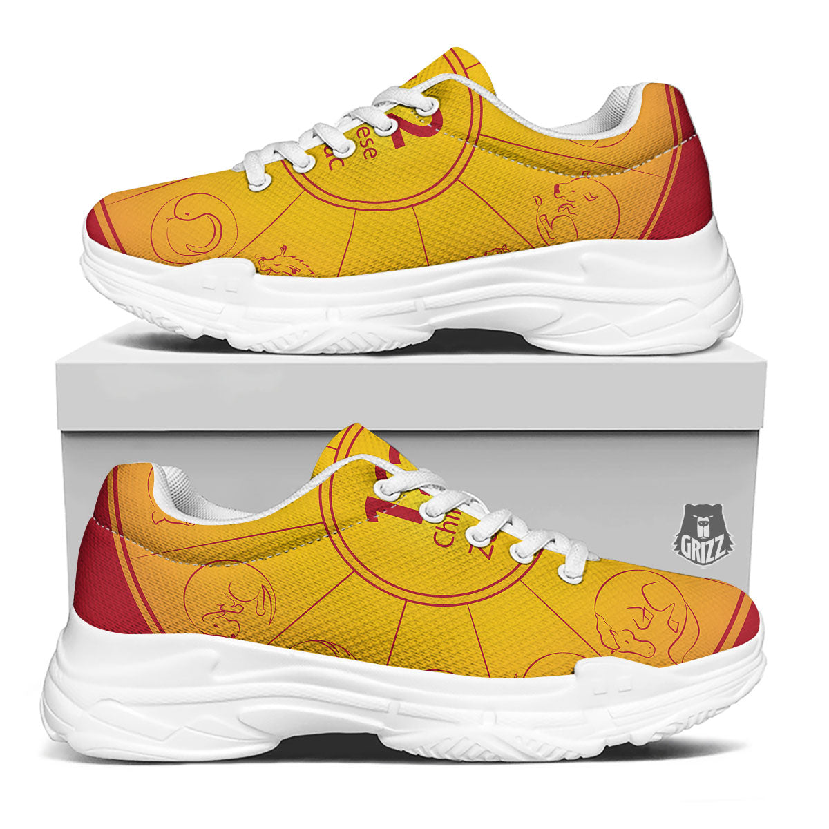 Chinese Zodiac Yellow And Red Print White Chunky Shoes-grizzshop