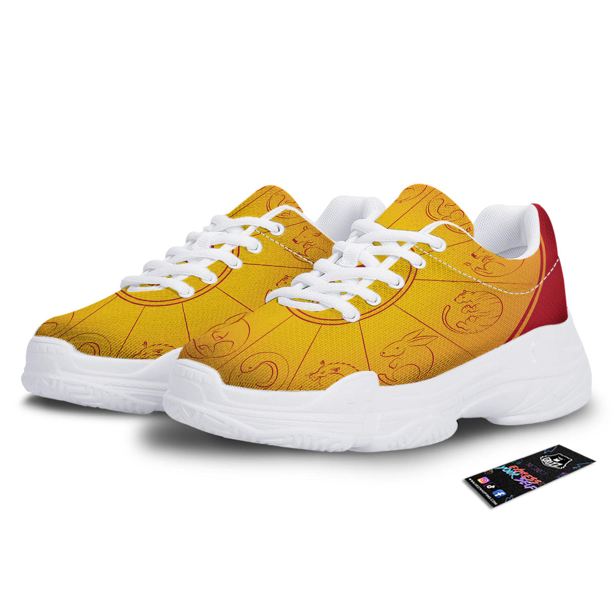 Chinese Zodiac Yellow And Red Print White Chunky Shoes-grizzshop