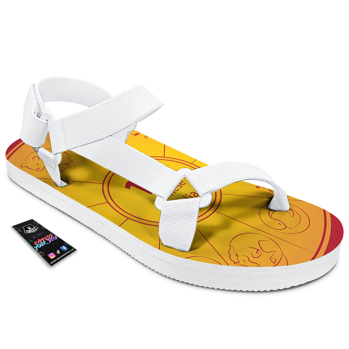 Chinese Zodiac Yellow And Red Print White Open Toe Sandals-grizzshop