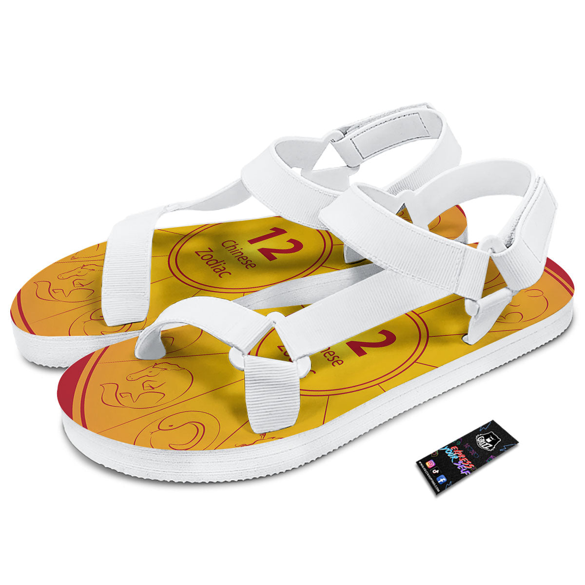 Chinese Zodiac Yellow And Red Print White Open Toe Sandals-grizzshop