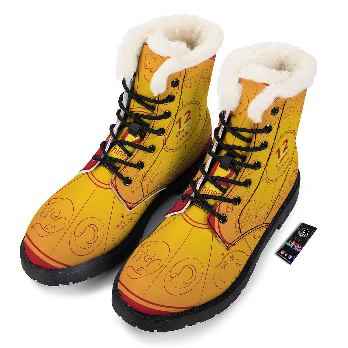 Chinese Zodiac Yellow And Red Print Winter Boots-grizzshop