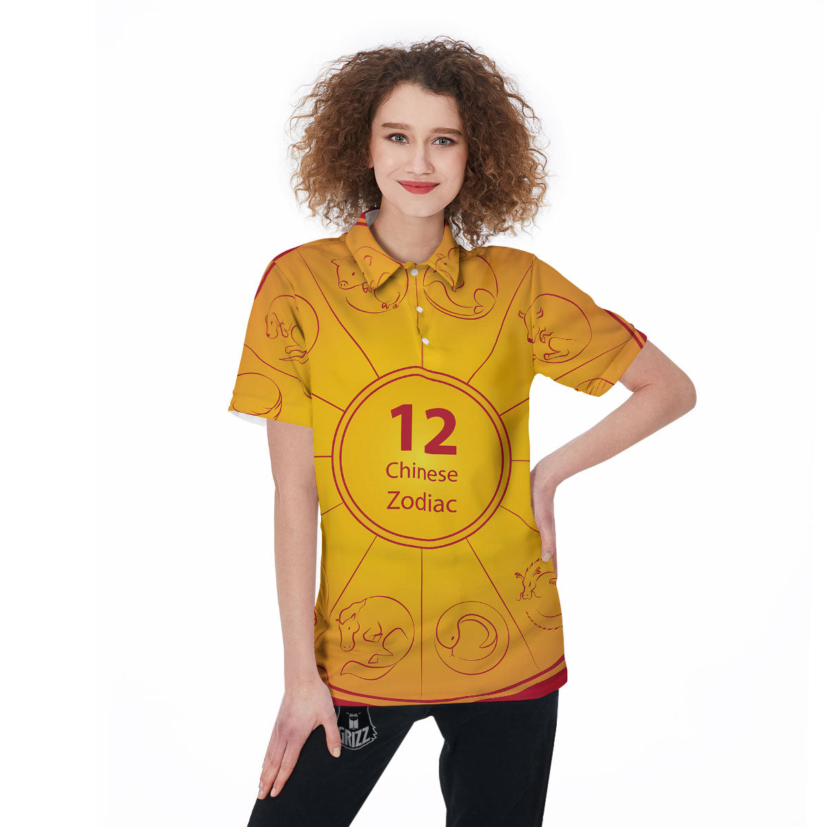 Chinese Zodiac Yellow And Red Print Women's Golf Shirts-grizzshop