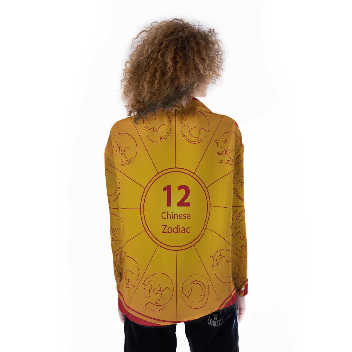 Chinese Zodiac Yellow And Red Print Women's Long Sleeve Shirts-grizzshop