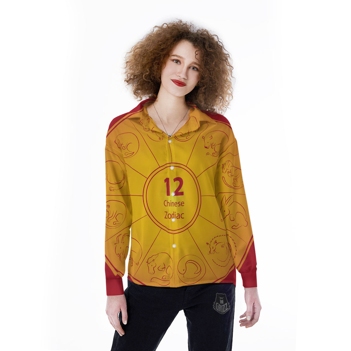 Chinese Zodiac Yellow And Red Print Women's Long Sleeve Shirts-grizzshop