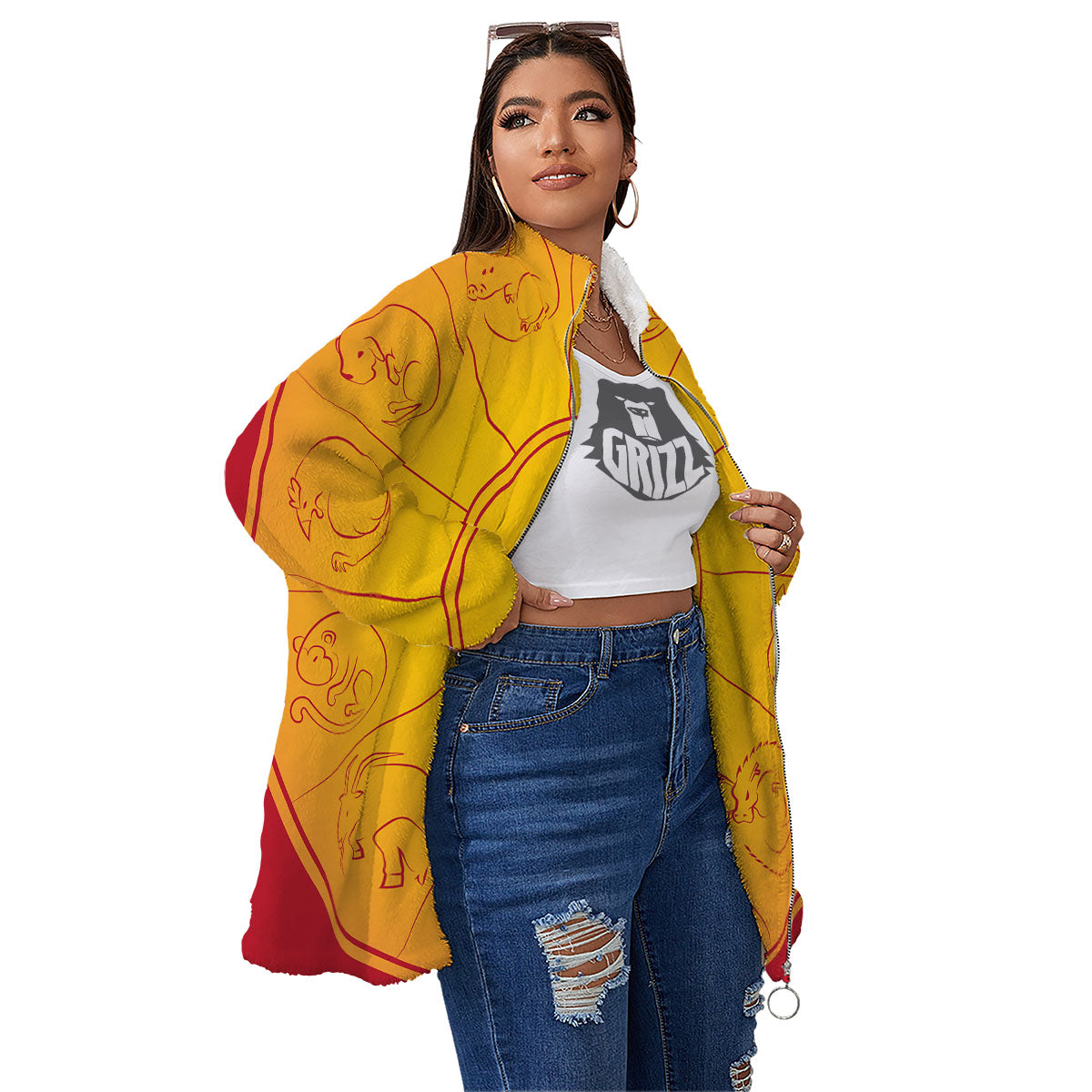 Chinese Zodiac Yellow And Red Print Women's Sherpa Jacket-grizzshop