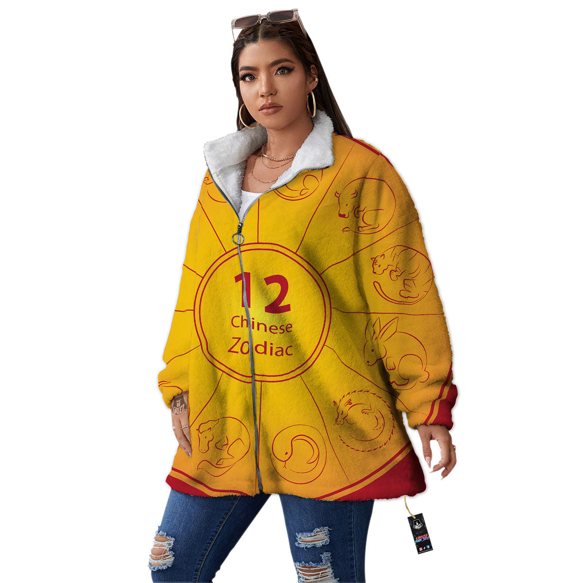 Chinese Zodiac Yellow And Red Print Women's Sherpa Jacket-grizzshop