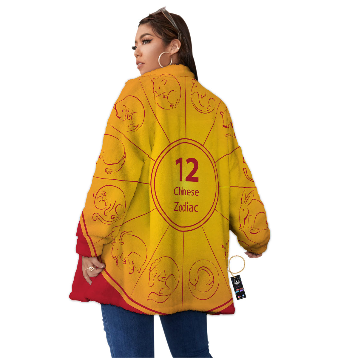 Chinese Zodiac Yellow And Red Print Women's Sherpa Jacket-grizzshop