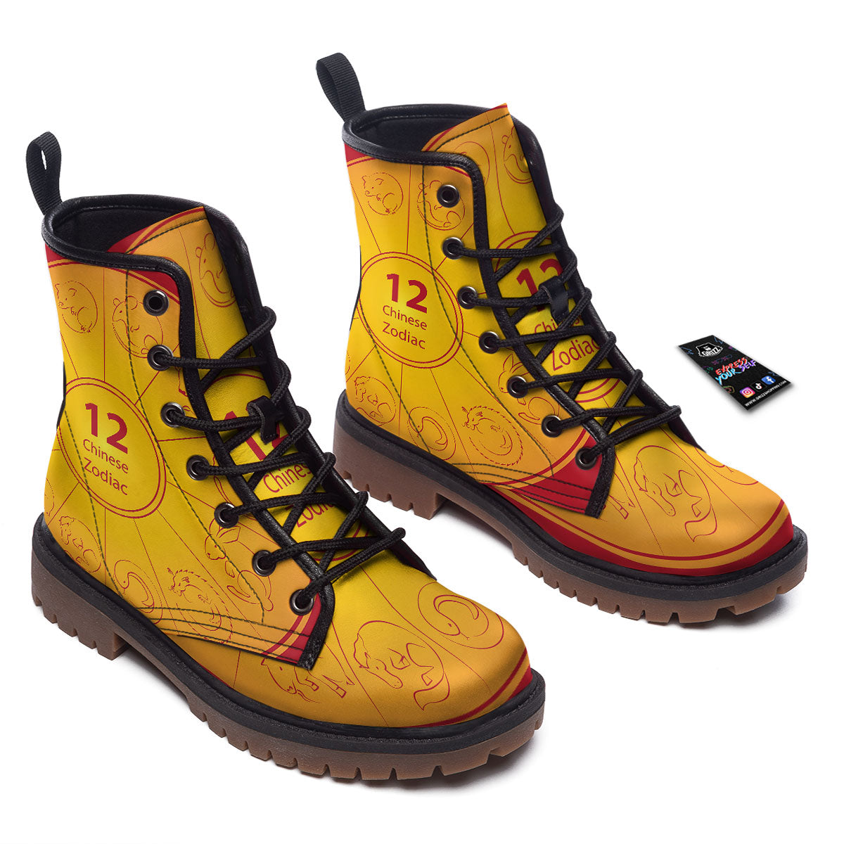 Chinese Zodiac Yellow And Red Print Work Boots-grizzshop