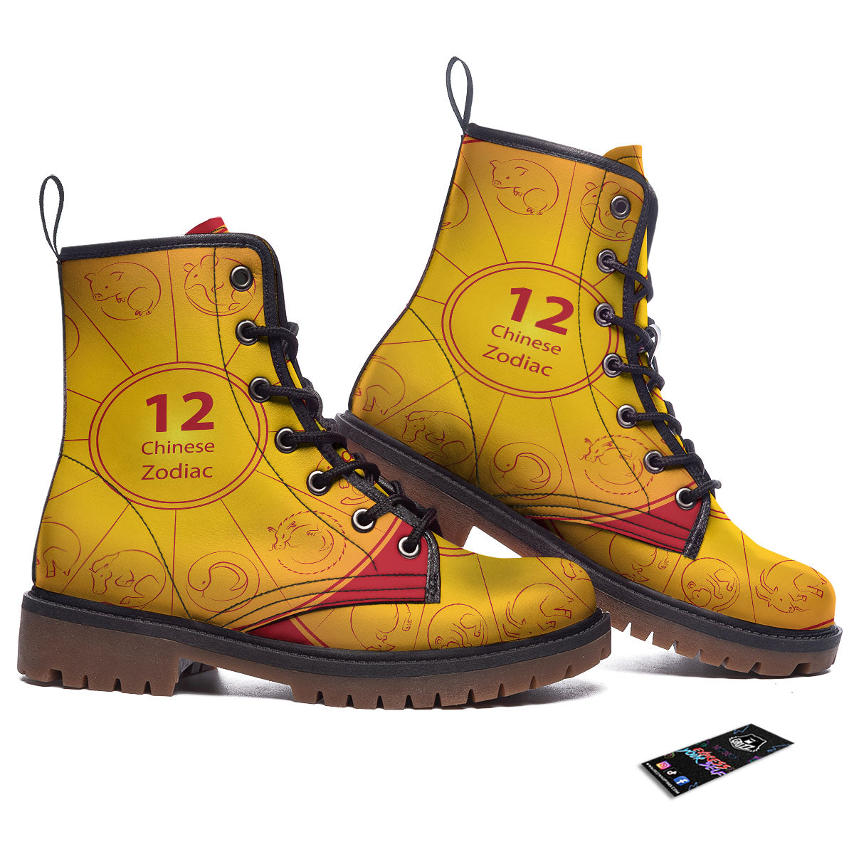 Chinese Zodiac Yellow And Red Print Work Boots-grizzshop