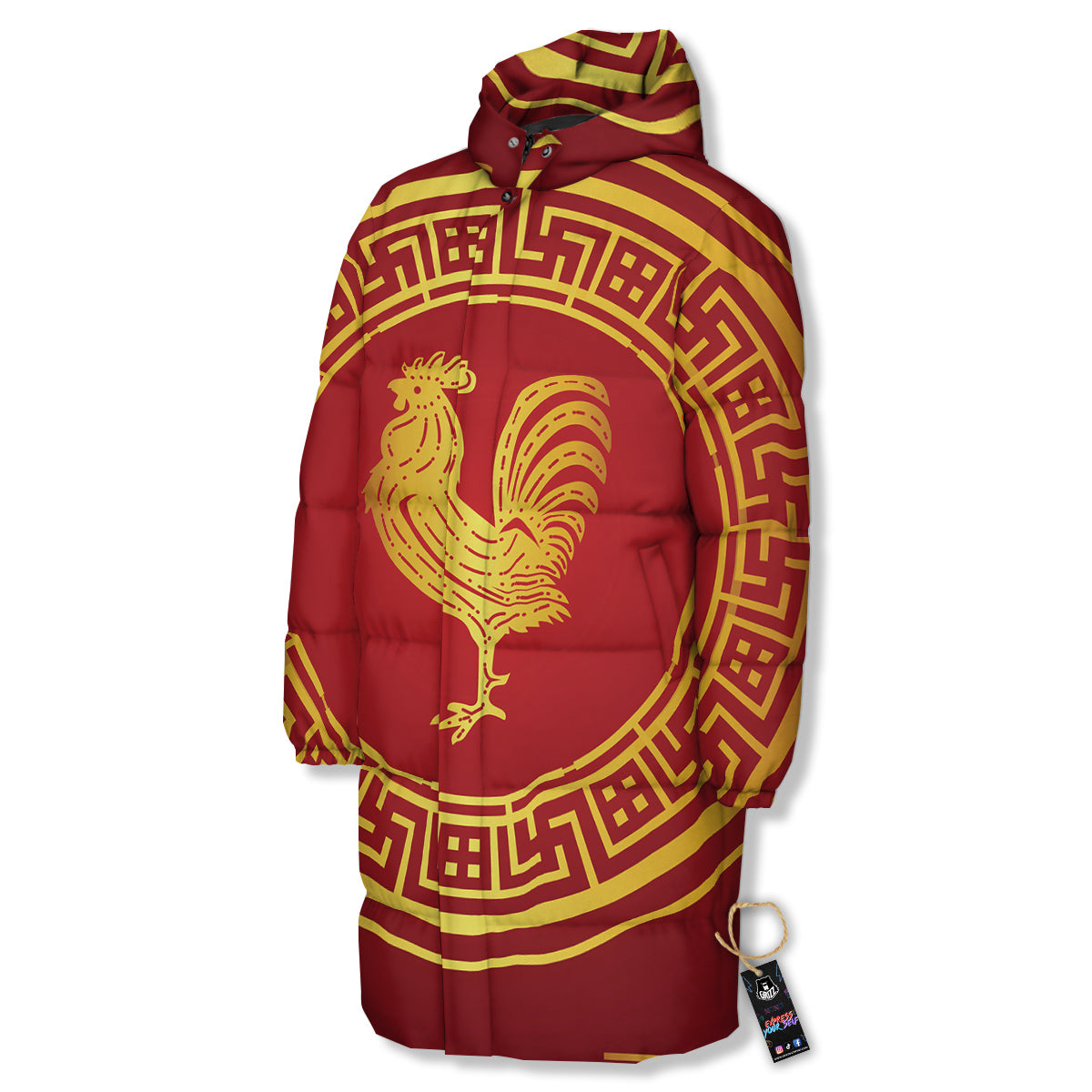 Chinese New Year Rooster Print Long Down Jacket