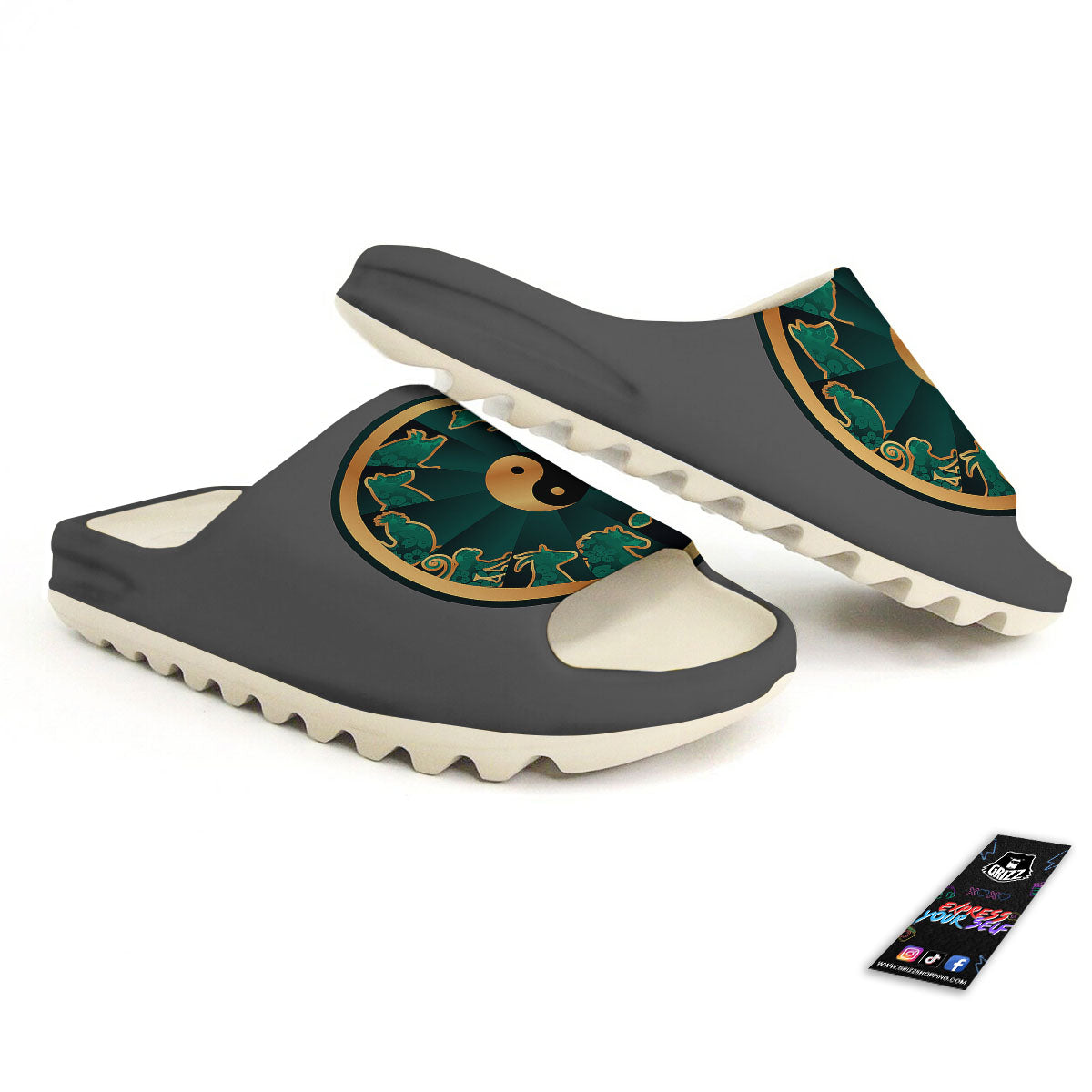 Chinese Zodiac Gold And Green Print Sandals-grizzshop
