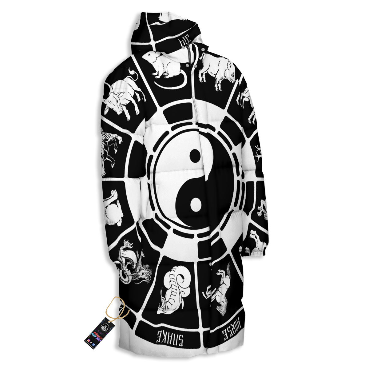Chinese Zodiac White And Black Print Long Down Jacket