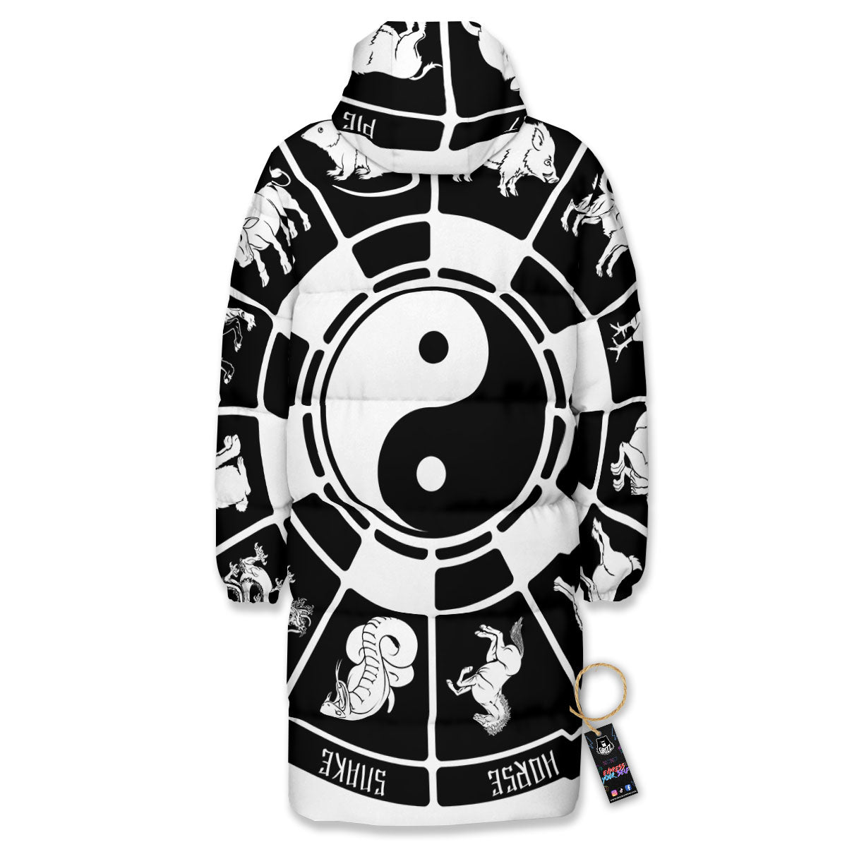Chinese Zodiac White And Black Print Long Down Jacket