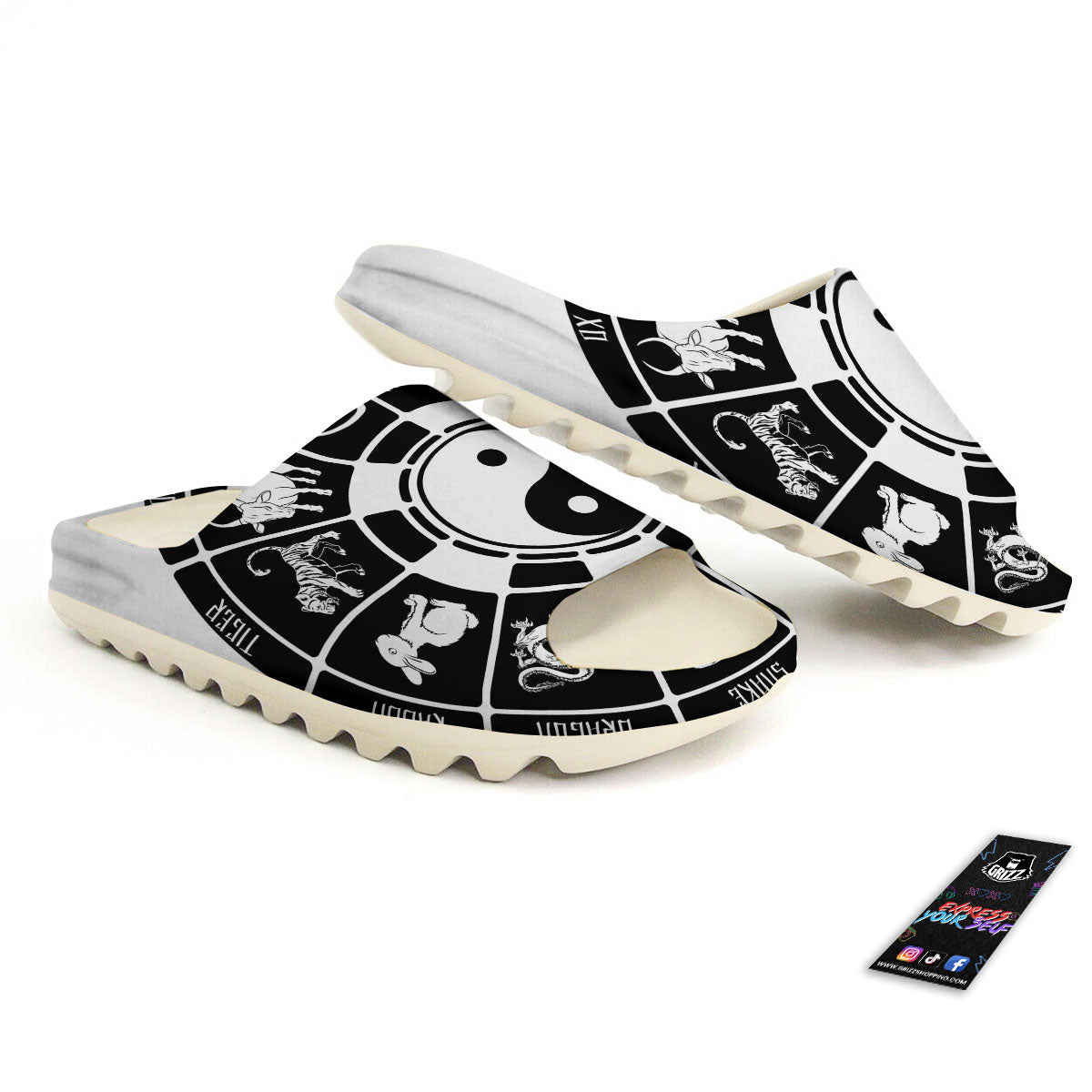 Chinese Zodiac White And Black Print Sandals-grizzshop