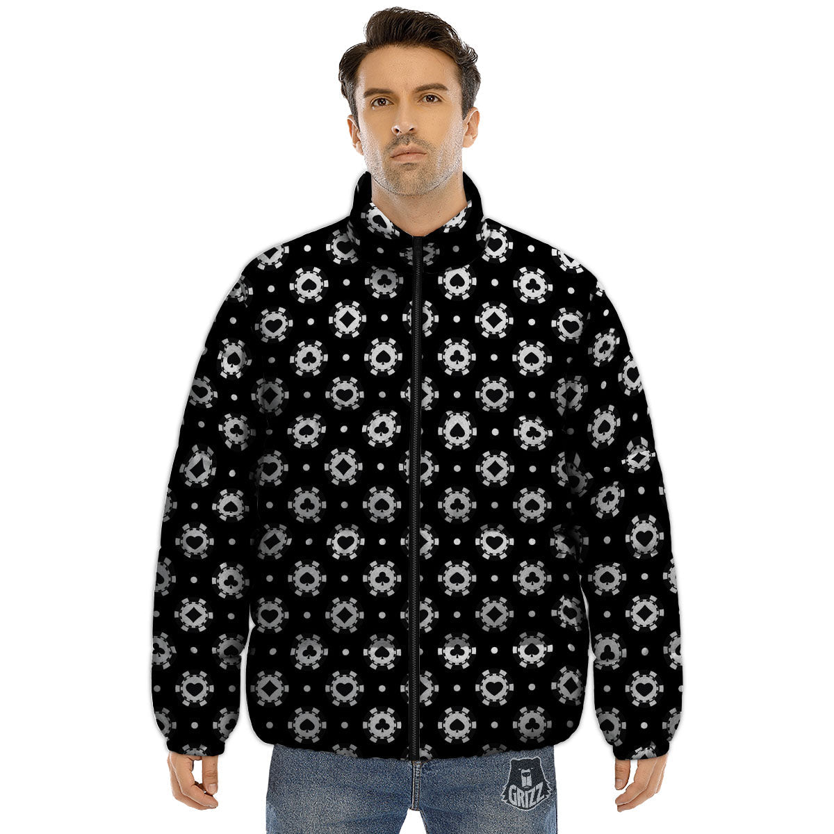 Chip And Casino Print Pattern Puffer Jacket-grizzshop