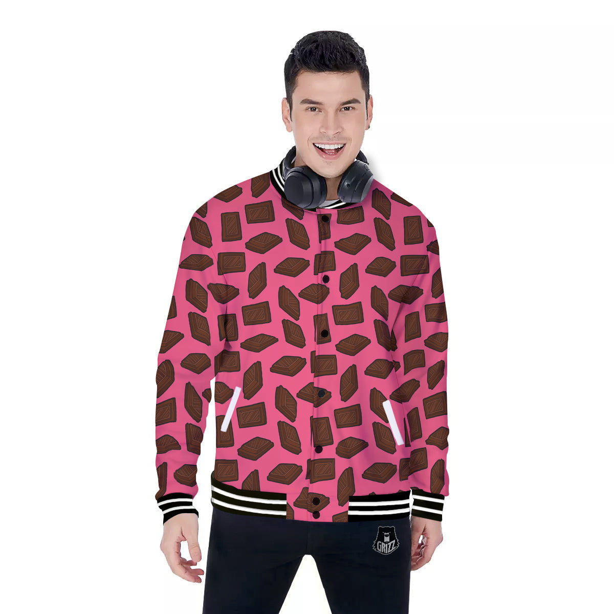 Chocolate And Pink Print Pattern Baseball Jacket-grizzshop