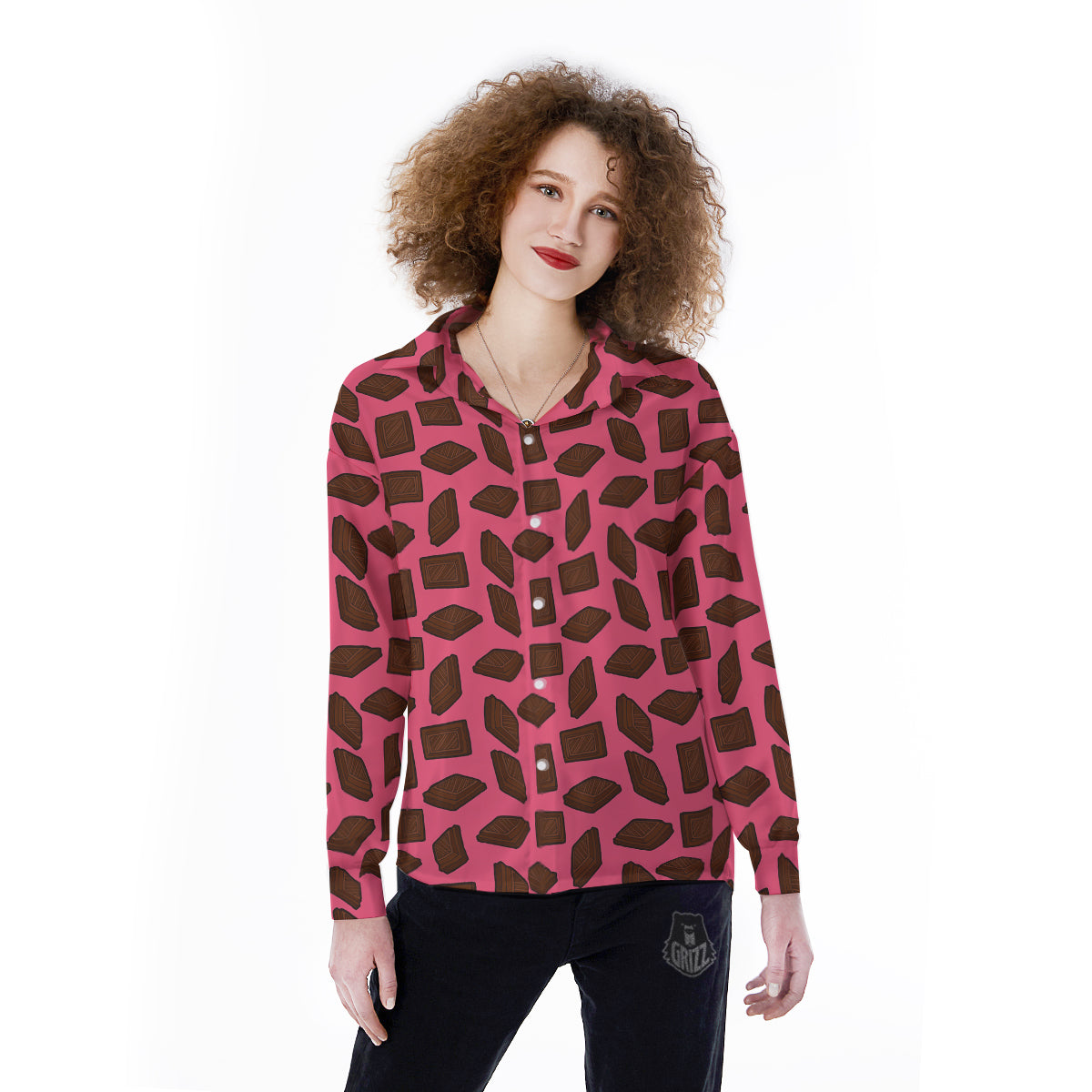 Chocolate And Pink Print Pattern Women's Long Sleeve Shirts-grizzshop