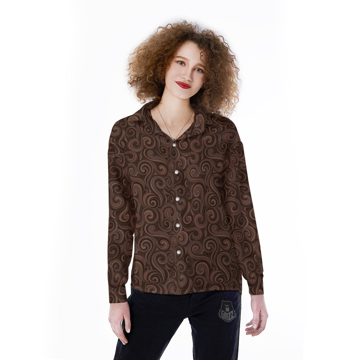 Chocolate Texture Brown Print Pattern Women's Long Sleeve Shirts-grizzshop