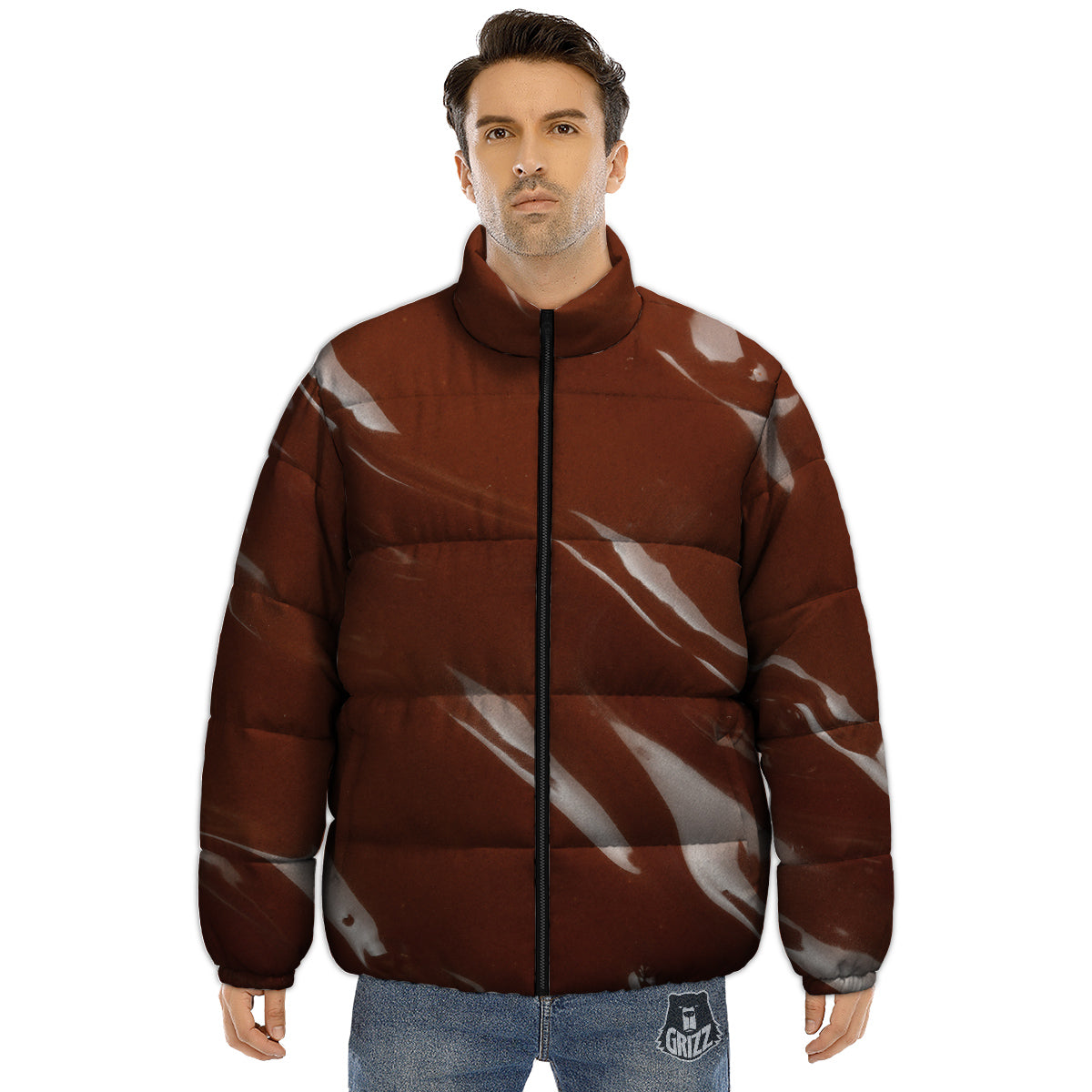 Chocolate Texture Print Puffer Jacket-grizzshop