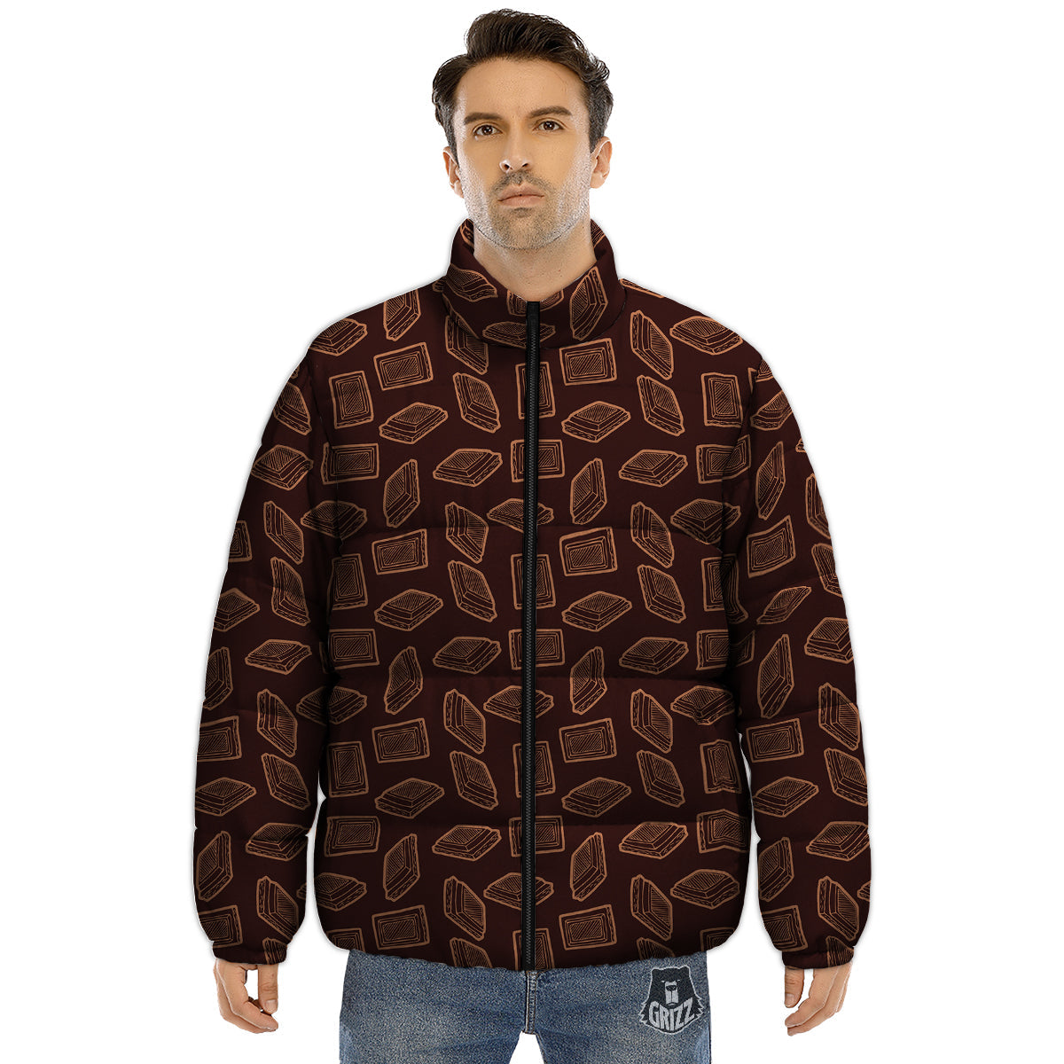 Chocolate Vintage Print Pattern Puffer Jacket-grizzshop