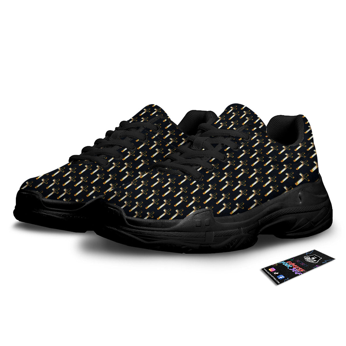 Christian Cross Print Pattern Black Chunky Shoes-grizzshop