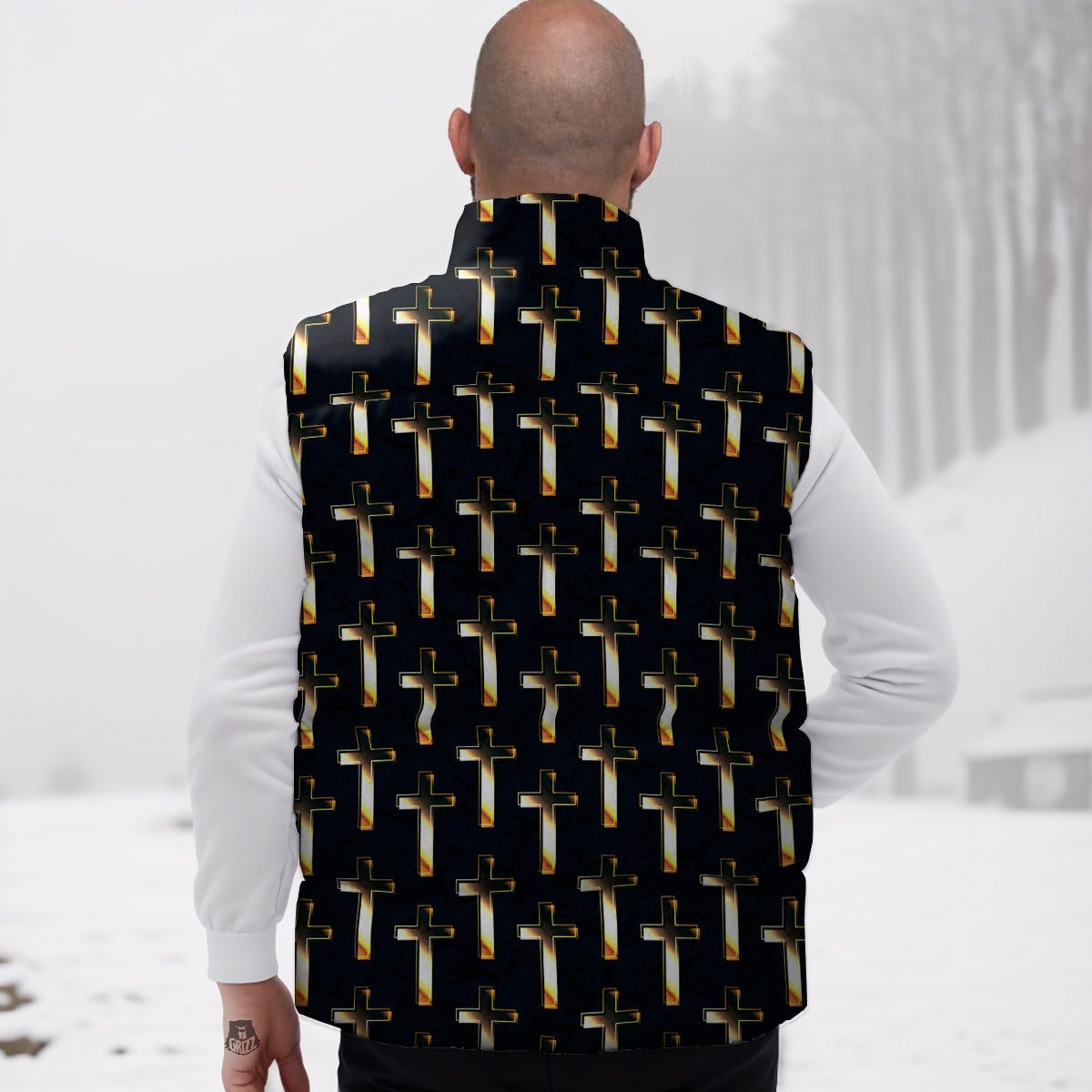 Christian Cross Print Pattern Down Vest-grizzshop