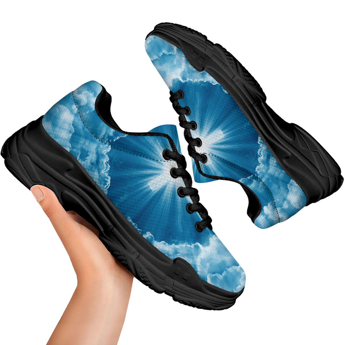 Christian Holy Cross Shiny Print Black Chunky Shoes-grizzshop