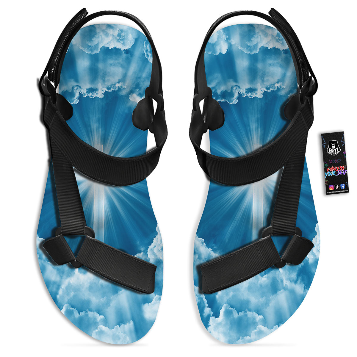 Christian Holy Cross Shiny Print Black Open Toe Sandals-grizzshop
