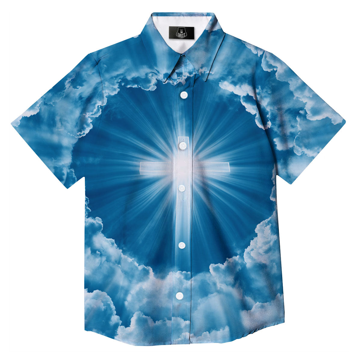 Christian Holy Cross Shiny Print Button Up Shirt-grizzshop
