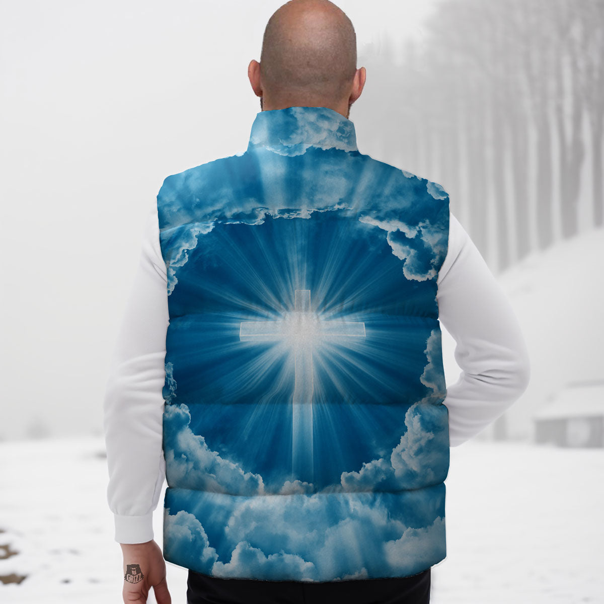 Christian Holy Cross Shiny Print Down Vest