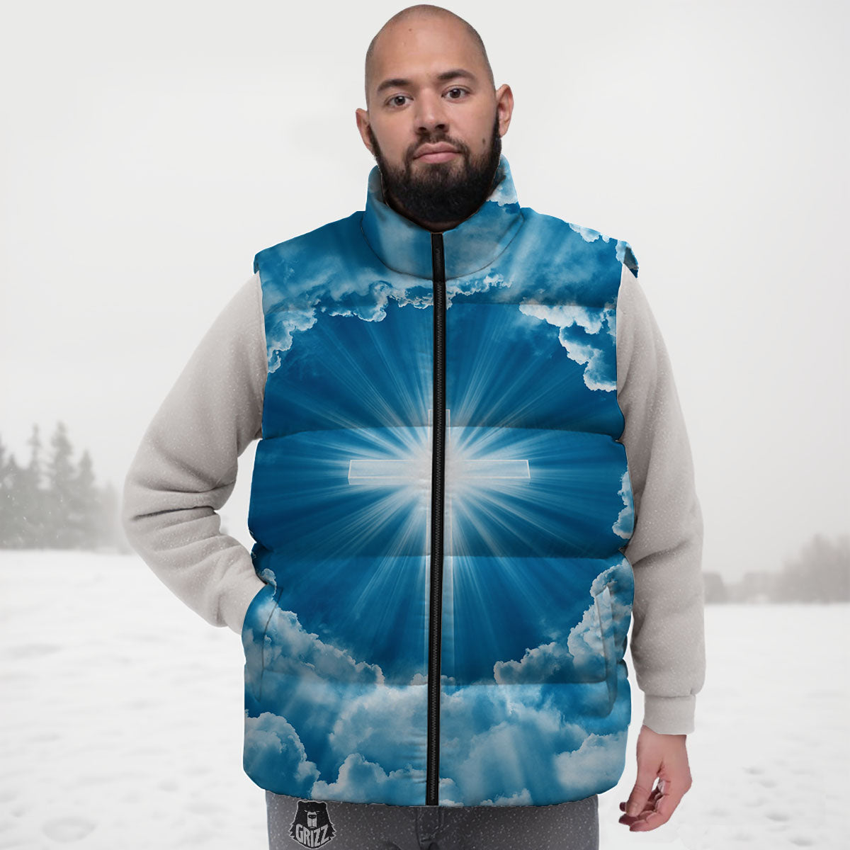 Christian Holy Cross Shiny Print Down Vest