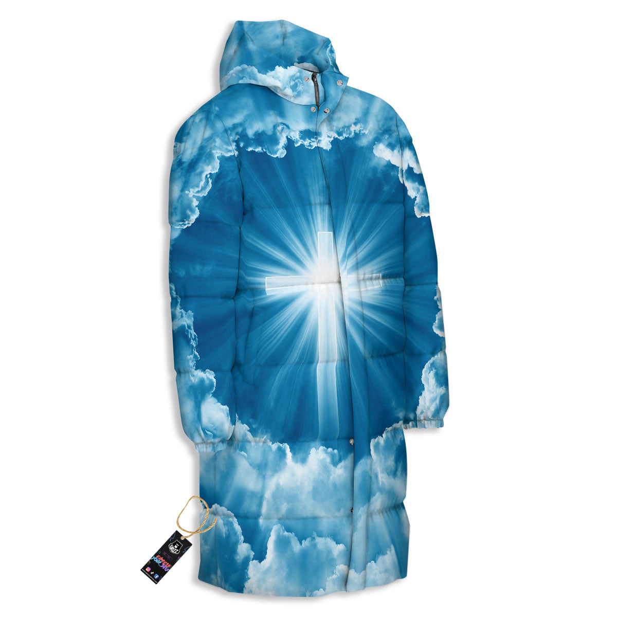 Christian Holy Cross Shiny Print Long Down Jacket-grizzshop