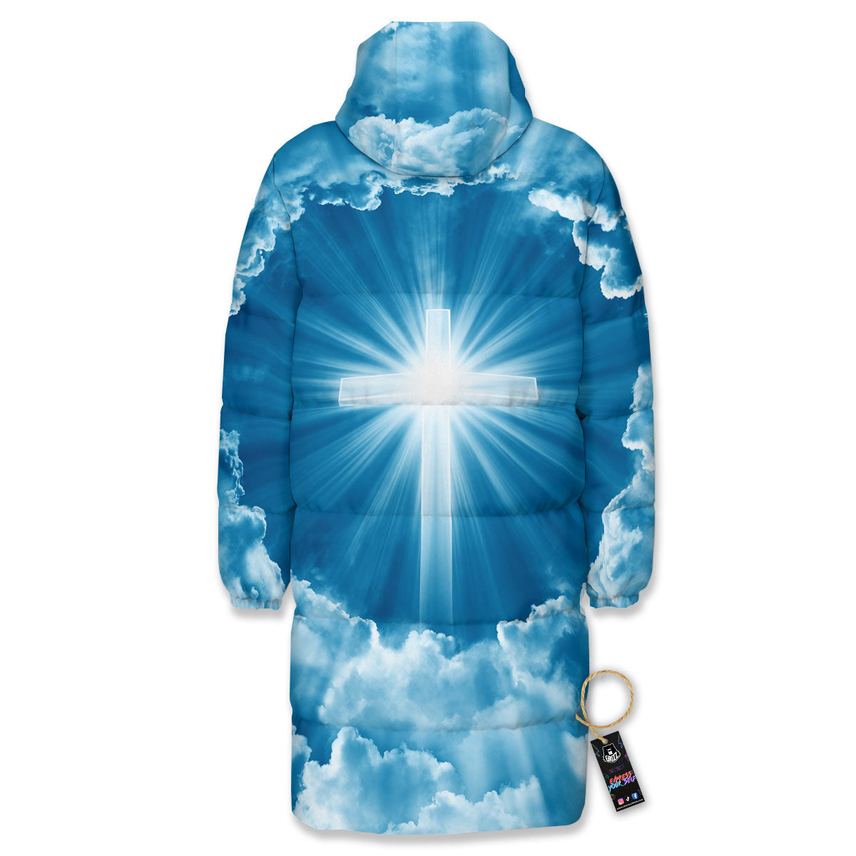 Christian Holy Cross Shiny Print Long Down Jacket-grizzshop