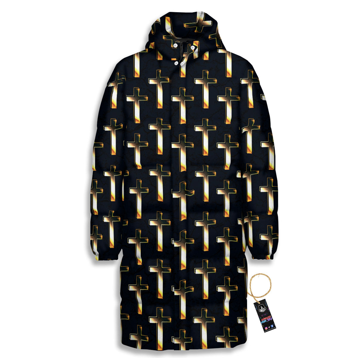 Christian Cross Print Pattern Long Down Jacket