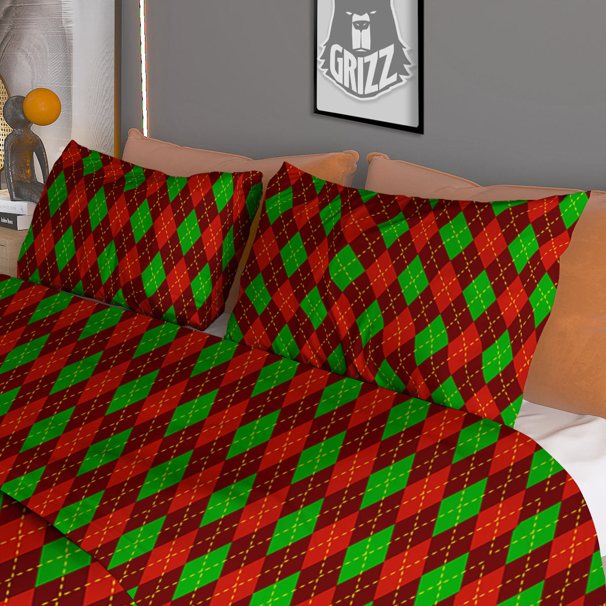 Christmas Argyle Red And Green Print Duvet Cover Bedding Set