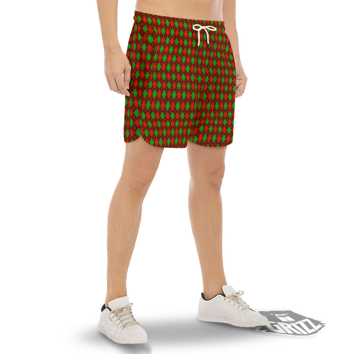 Christmas Argyle Red And Green Print Men's Gym Shorts-grizzshop