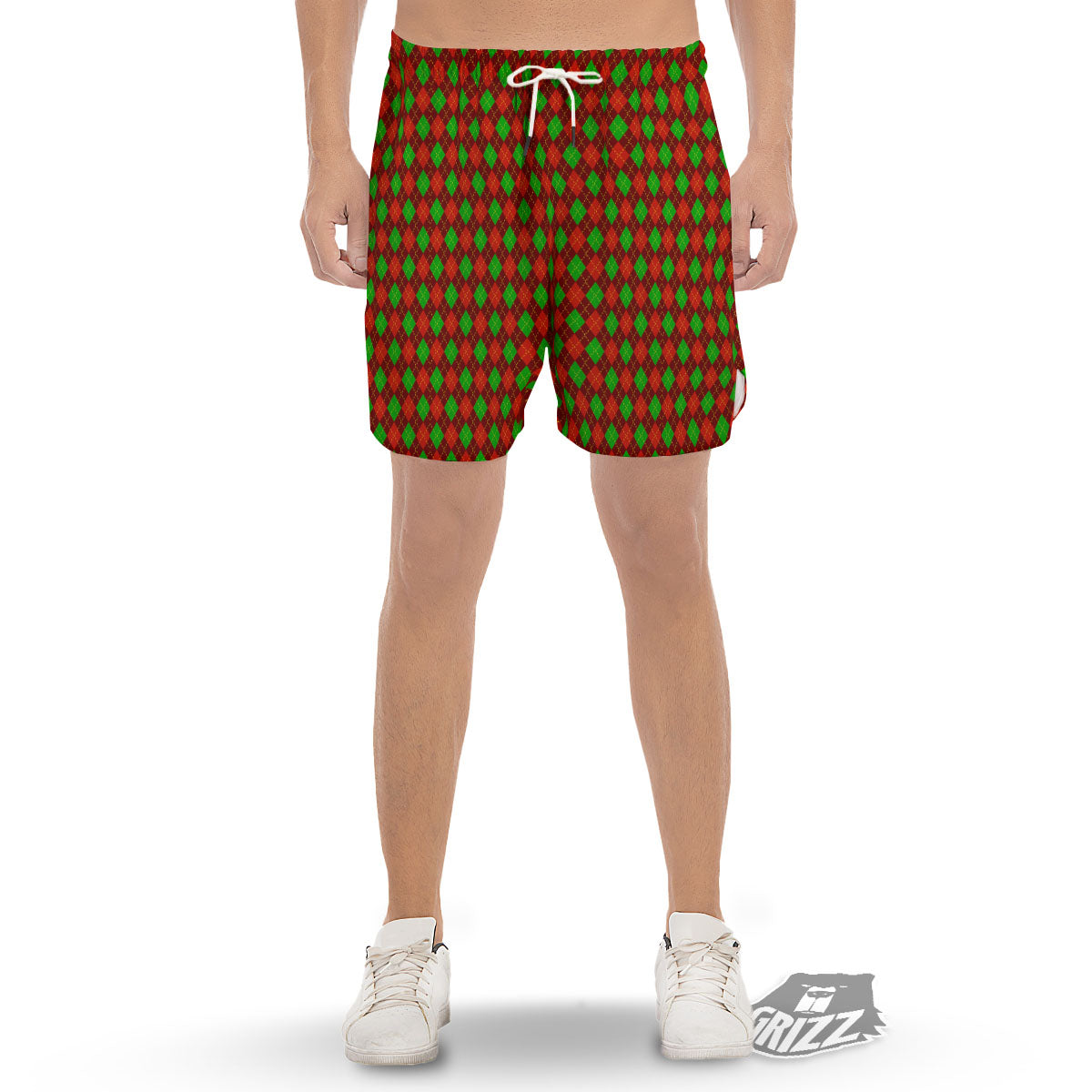 Christmas Argyle Red And Green Print Men's Gym Shorts-grizzshop