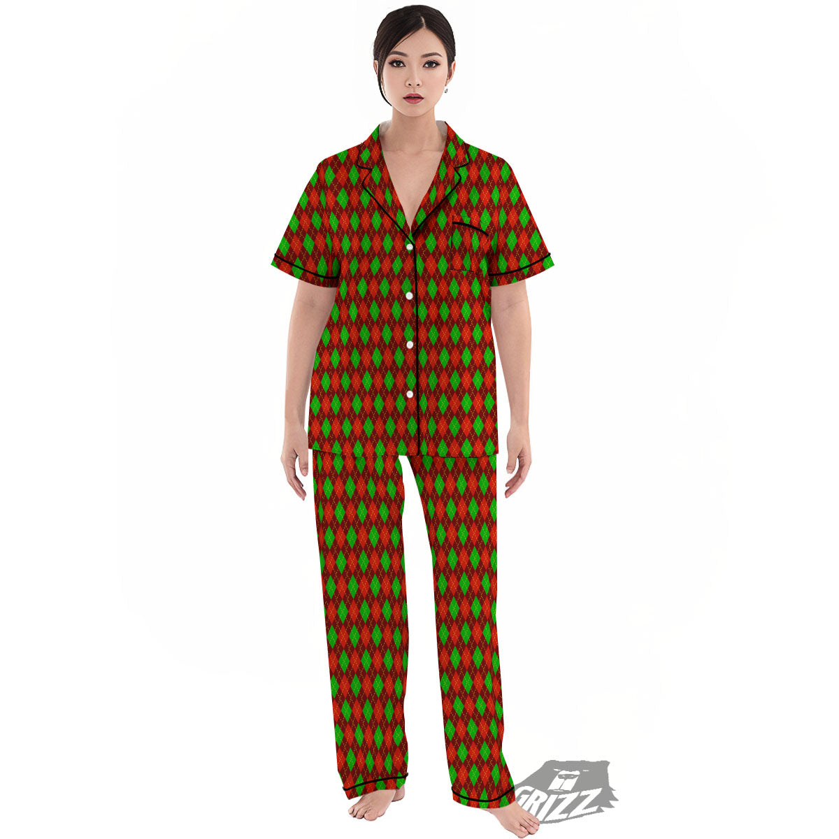 Christmas Argyle Red And Green Print Women's Pajamas Set-grizzshop