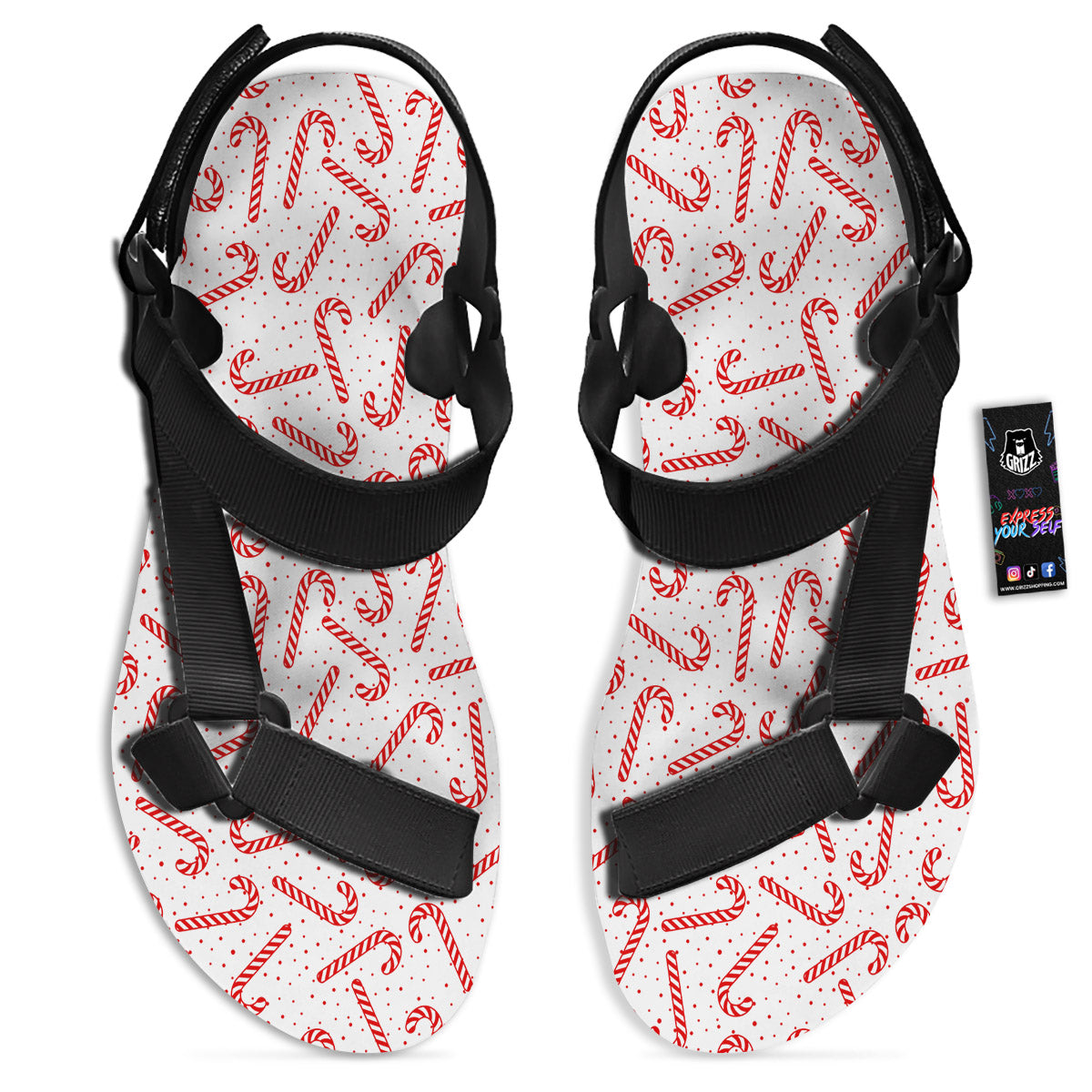 Christmas Candy Print Pattern Black Open Toe Sandals-grizzshop