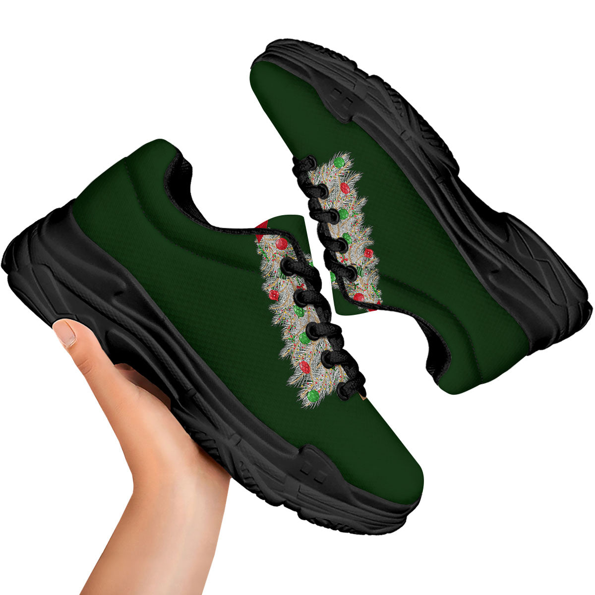 Christmas Decorated Tree Print Black Chunky Shoes-grizzshop