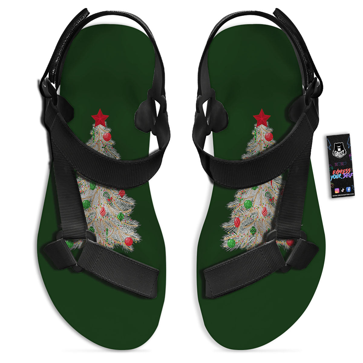 Christmas Decorated Tree Print Black Open Toe Sandals-grizzshop
