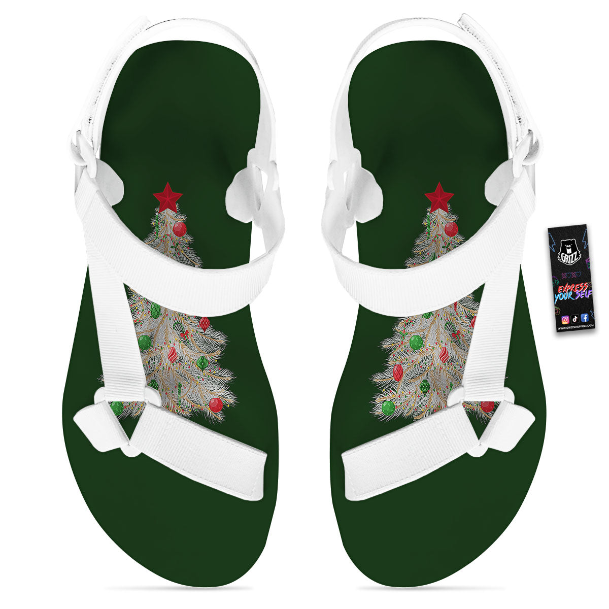 Christmas Decorated Tree Print White Open Toe Sandals-grizzshop